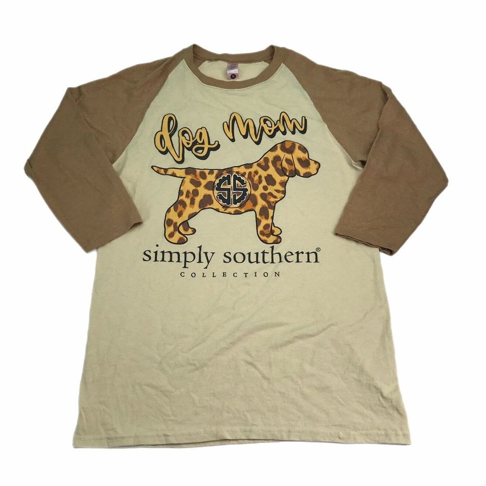 Simply Southern Womens Shirt Size Small S Dog Mom Raglan Sleeve Brown Animal